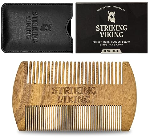 Bartkamm und Etui aus Sandelholz – Bart- und Schnurrbartkamm aus Holz im Taschenformat mit feinen und groben Zähnen – perfekt für die Verwendung mit Balsamen und Ölen – Striking Viking (Schwarz)