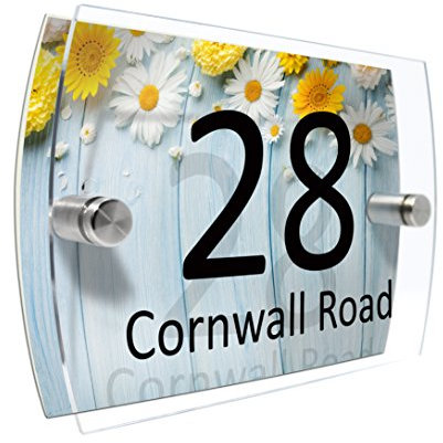 CS Printing House Number Sign Plaque Garden Glass Effect Acrylic Sign Door Plate Marble Wall Display 2 Part Branded Acrylic (Garden flowers wooden fence)