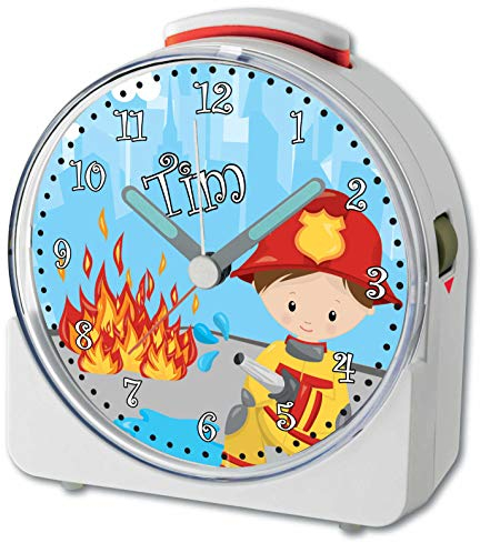 CreaDesign, WU-71-1139, Feuerwehrmann, analog Kinderwecker weiß, Funkwecker mit Sweep-Uhrwerk und fluoreszierenden Zeiger und Licht, personlisiert mit Namen, 10,2 x 4,6 x 11 cm