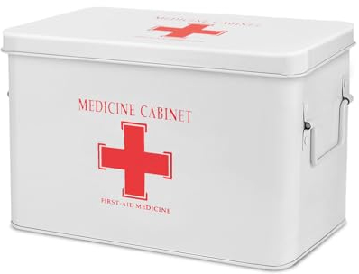 Flexzion Medizinbox, Hausapotheke Box, Apothekenbox - 31x20x19cm Medikamenten Aufbewahrung Box aus Metall für Notfall, Erste Hilfe Schrank, mit Seitengriffen, abnehmbarem Tablett & 5 Fächern, weiß