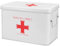 Flexzion First Aid Box Organizer - 13 White Vintage Metal Medical Kit Tin With Dividers, Removable Tray and Red Cross Logo - Empty Storage Container