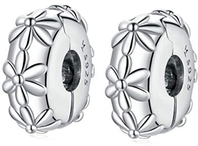 MEETCCY Sterling Silver Blue White Crystal Charm Clip Lock Spacer Stopper Bead for Bracelet, Compatible with European Charm Bracelet Beads (Flower Bead)