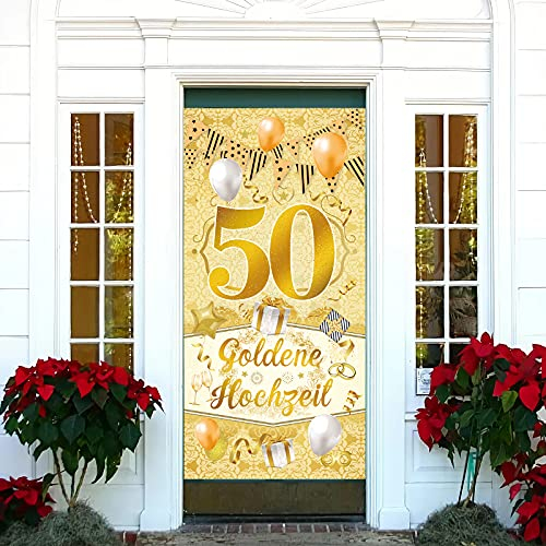 Sunwuun 50 Jubiläum Banner für Goldhochzeit Deko, Goldene Hochzeit Deko Gold Hochzeit 50 Jahre Jubiläum Party Deko für Tisch Mauer Innen Außen Garten 90 * 180cm
