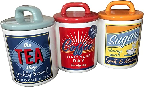 DEENZ Retro Multi Colour Unique Classic 50's/60's Style 3-Pieces Ceramic Canisters Sets for the Kitchen Counter, Jars Food Storage for Tea Sugar Coffee Set