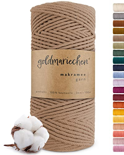 goldmariechen Premium Makramee Garn (Taupe) | 3mm x 100m | 100% Baumwolle | plastikfreie Verpackung | Makramee Baumwollgarn für DIY Handwerk