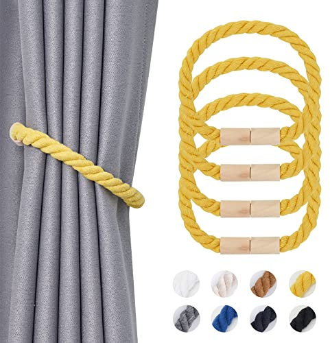 Pretty Jolly 4 Stück Magnetische Vorhang Raffhalter aus Holz, Boho, Heimdekoration, drapierte Raffhalter, handgefertigt, Baumwollseil, Vorhanghalter für Zuhause und Büro, Fenstervorhänge (Gelb)