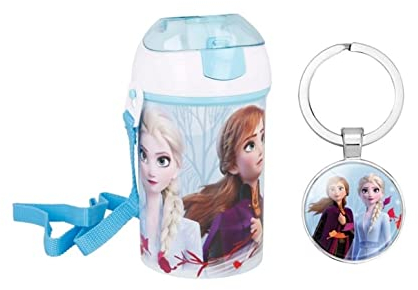 OM SUPPLIES Bouteille d'eau pop-up La Reine des Neiges II avec cordon tour de cou pour un transport facile à l'école, le déjeuner des enfants, 450 ml avec porte-clés La Reine des Neiges