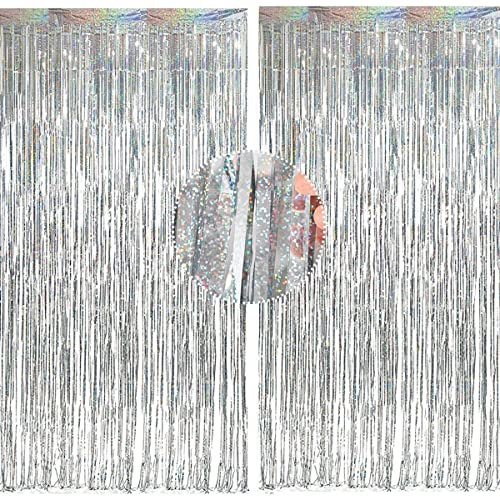 Aoen 2PCS 6.5Ft Glitter Silver Tinsel Curtain Foil Fringe Curtains Sparkle Metallic Tinsel Streamers Backdrop for Party Prom Birthday Wedding Halloween Decorations Party Favors,1 x 2m/ 3.3 x 6.5 feet