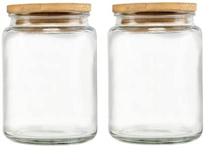 Prettidecor Bocal de rangement hermétique en verre vintage avec couvercle hermétique en bambou, 70 ml, conteneurs de rangement en verre pour bonbons, café, thé, avoine, farine, céréales