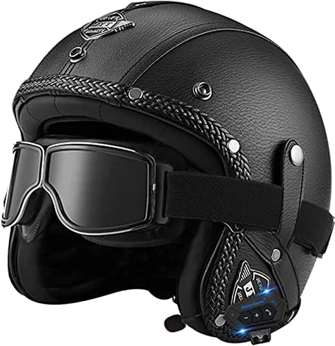 Motorradhelm Bluetooth Jethelme mit Visier 3/4 Open Face Motorrad Helm Herren Damen ECE Zertifizierung Retro Motorrad Halbhelm Scooter Roller Motorrad-Helm(Schwarz, braun) 4,M(57-58CM)