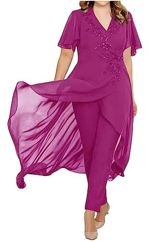 2 piezas de pantalones para madre de la novia, traje de gasa con cuello en V, vestido de noche formal para mujer, traje de fiesta de boda, fucsia, 40