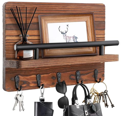 HOUSINN Porte-clés Mural en Bois avec 5 Crochets, Accroche Clef Mural avec Étagère pour Courrier, Clés, Lettres, Journaux, Support Clef Mural, Rangement Clef Mural pour Couloir, Entrée, Bureau