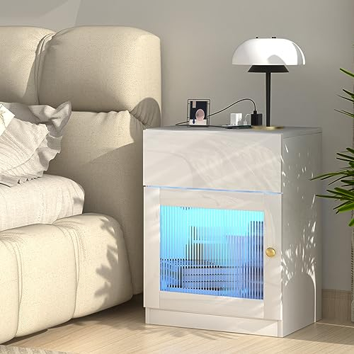 PIPIPOXER Nachttisch Weiß mit Steckdose & USB, Nachttisch LED Nachttisch Weiß Hochglanz, Nachtschrank Nachtkommode 1 Schubladen mit Led 16 Farben Beleuchtung Beistelltisch für Wohnzimmer, 45x35x60cm