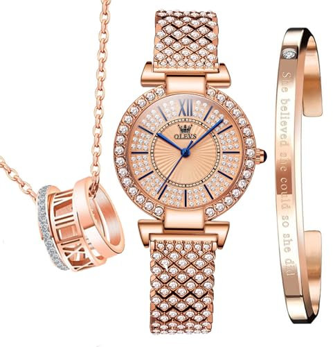 OLEVS Uhren, die Geschenke für Frauen, Uhren-Halskette, Armband-Set, 3-teilig, für Mutter, Frau, Freundin, G9942 - 3-teiliges Set - Bohrfläche, Klassisch