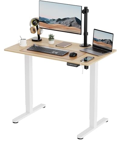 VonHaus Electric Standing Desk, Height Adjustable Sit Stand Desk w/Anti-Collision & Height Preset Technology, Cable Management & USB-C Charging, 100x60cm, Two Piece Wooden Desktop & White Frame