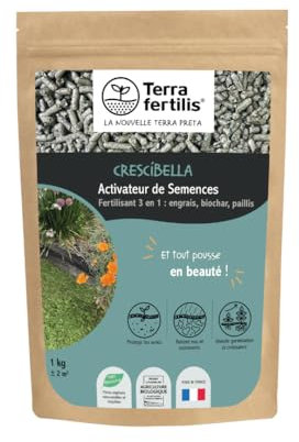 Terra Fertilis - Fertilisant 3 en 1 - Engrais, biochar et paillis - CRESCIBELLA - Revegetalise et regarni le gazon - Paillis et engrais pour les plantes -Retient l'eau et les nutriments - 1kg
