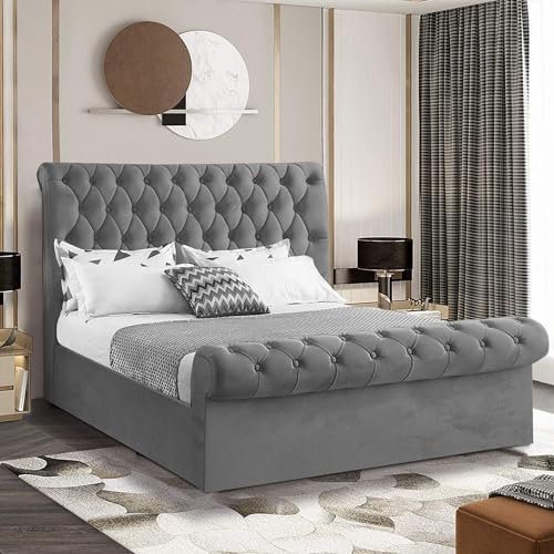 Dark Grey Velvet Double Bed Frame, Ottoman Storage Bed with Mattress Included, Upholstered Gas Lift Up Ottoman Bed Frame with Wooden Slats, (4ft6 Double)