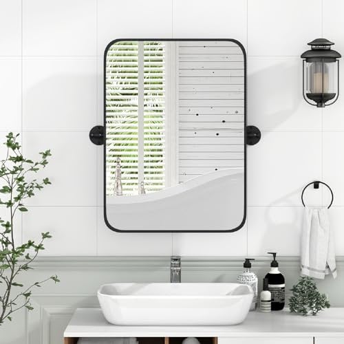 COSTWAY 76x56cm Rectangle Wall Mirror, Black Metal Framed Tilting Hanging Pivot Mirror with Brackets, Large Vertical/Horizontal Decorative Wall Mounted Vanity Mirror for Bathroom Living Room Hallway