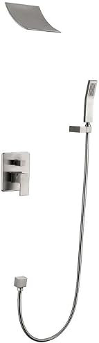 Wandmontiertes Duschsystem, Duscharmatur-System-Set, Badezimmer-Messinghahn, Unterputz-Regendusche, Mischbatterie, Badewannenarmatur, Wasserfall-Duschkopf mit Brauseschlauch-Set, gebürstet (gebürstet