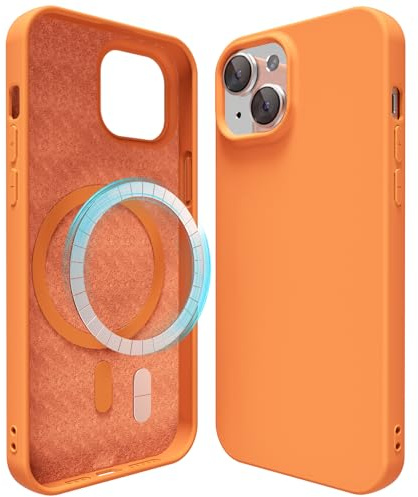 oakxco für iPhone 13/ iPhone 14 Hülle Magsafe Silikon Handyhülle Bunt, Ultra Dünn Slim Case Einfarbig Handy Hülle Mädchen, Magnetisch Induktives Laden Schutzhülle Matt Silikonhülle Gummi, Neon Orange