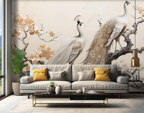 Fototapete 3d effekt tapete Pfauen-Pfirsich-Baumzweig Vlies Tapeten Wandtapete Wohnzimmer Schlafzimmer Wand Dekoration Moderne 450CM(B)*315CM(H)