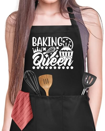 Jiusely Funny Baking Apron for Women, Baking Queen Cooking Apron with 3 Pockets, Unisex Waterproof Kitchen Apron for Baker,