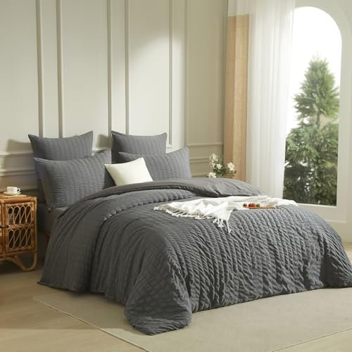 Luofanfei Seersucker Bettwäsche 200x220 Grau Dunkelgrau Sommer Gestreift Einfarbig Wende Bettwäsche Set Microfaser Atmungsaktiv Leicht Bettbezug Doppelbett und Kissenbezüge 80x80 mit Reissverschluss
