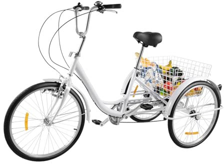 jiumxliu 24 Zoll Dreirad für Erwachsene, 6-Gang Klapprad 3-Rad, Erwachsene Trikes mit Lichtern und Einkaufskorb für Menschen, Frauen, Männer, Weiß