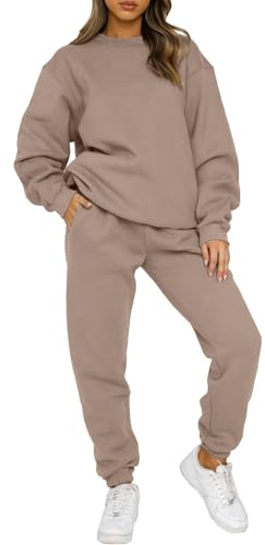 Yutdeng Tuta da Donna Foderato in Pile Completo Sportivo 2 Pezzi Manica Lunga Girocollo Pullover Felpa e Pantaloni Jogging Tute Tinta Unita Casual Outfit per Casa Palestra Yoga,Cachi,M
