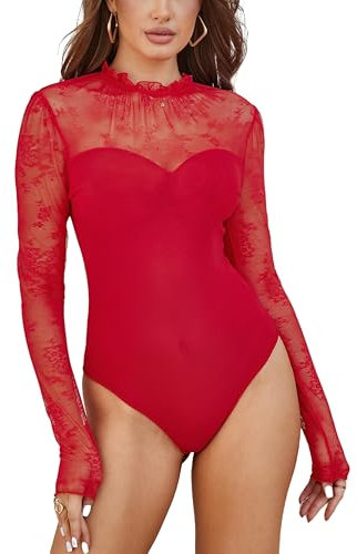 MAYFASEY Women's Floral Lace Bodysuit Mock Neck Long Sleeve Sheer Mesh Bodysuits Going Out Tops, Red, L