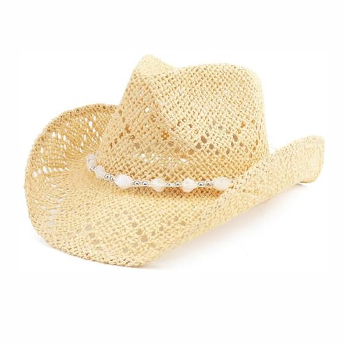 HIQIU Cowboyhut aus Stroh für Damen, Western-Cowgirl-Hut, Cowgirl-Hut mit Perlenbesatz und formbarer Krempe (DE/NL/SE/PL, Alphanumerisch, Einheitsgröße, M, Beige)