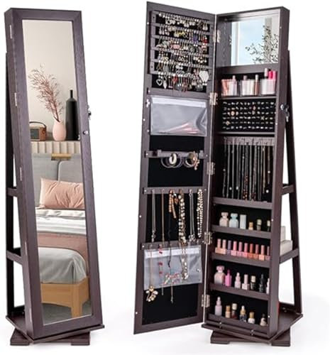COSTWAY Armadietto Portagioielli Autoportante Girevole con Specchio, Specchio a Figura Intera Organizzatore per Gioielli, Porta Richiudibile a Chiavi, 161x39x39cm (Caffè Scuro, 39 x 39 x 161 cm)