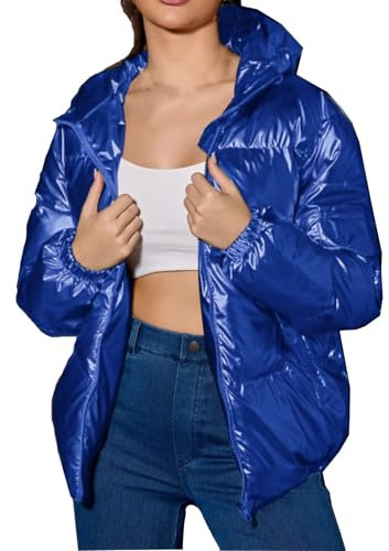 Daunenjacke Damen Winter Glänzend Kurz Leicht Steppjacke Damen Große Größen mit Kapuze Winterjacke Damen Warm Grosse Grössen Puffer Jacke Frauen mit Reissverschluss Daunenmantel Reflektierend