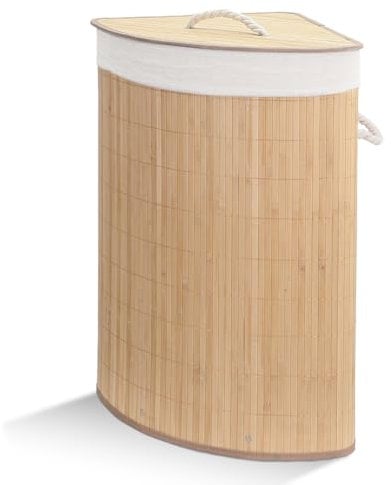 VOUNOT® Wäschekorb Bambus mit Deckel, 58L Eckwäschekorb Wäschesammler mit 2 Herausnehmbaren Wäschesäcke & Griffen, Faltbarer Wäschebox für Schlafzimmer Badezimmer Waschküche, Holzfarbe