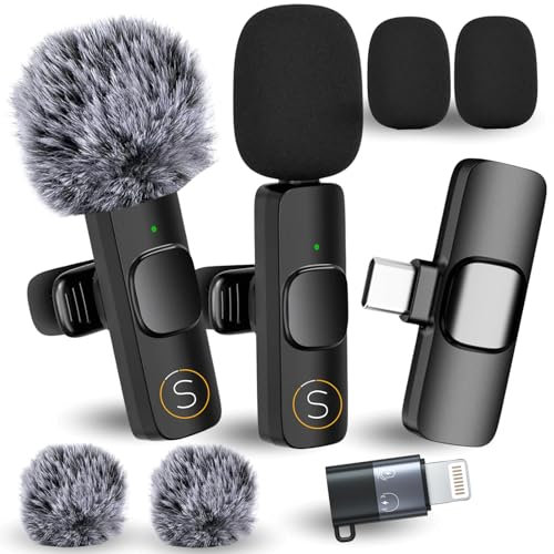 Slayo Kabelloses Lavalier Mikrofon für Handy - 2 Mini Wireless Microphone Set - Ansteckmikrofon Kabellos USB-C für iPhone/Android/PC Plug-Play Microphone Bluetooth Video/TikTok Podcast Starter Set