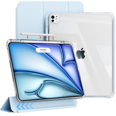 ZKTUYU Funda híbrida para iPad Air de 13 pulgadas 2025 (M3)/2024 (M2) con soporte para bolígrafo, funda protectora magnética extraíble, funda de soporte triple carcasa trasera transparente (azul cielo