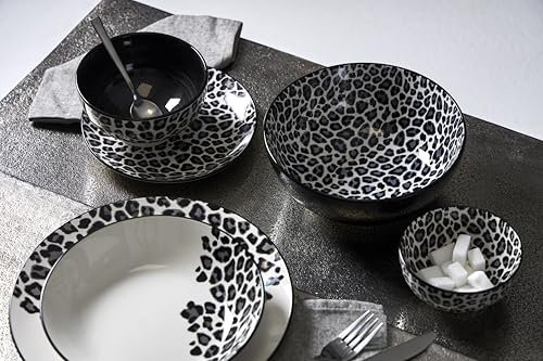 Delys 546151 - Servizio da tavola in porcellana, 18 pezzi, per 6 persone, piatti piatti, piatti fondi, piatti da dessert, coliris nero, decorazione LEOPARD