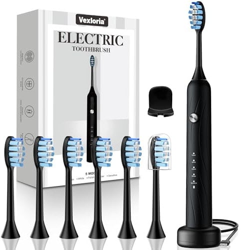 Vexloria Brosse a Dent Electrique Adulte Enfant avec 6 Têtes de Brosse, 5 Modes et Minuterie, IPX7 Brosse à Dents Électrique Ultrasons pour Femmes Hommes, Noir