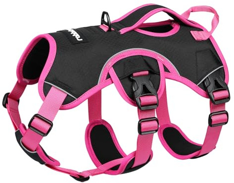 rabbitgoo Escape-Proof Dog Harness Medium Large Handle, Anti-Pull Reflective Working Service Pets Vest, Breathable Pets Vest, Adjustable Lift Support Body Harness Large Dogs Outdoor，L, Pink & Black
