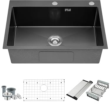 ZBKB 28 Inch Drop in Kitchen Sink Gunmetal Black, 16 Gauge Stainless Steel Single Bowl Topmount Kitchen Sink, 9 Inch Deep Sink with Dish Grid, Roll Drainer and Basket Strainer