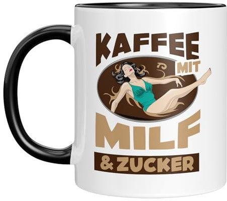 Lustige Tasse für Frauen – Kaffee mit MILF & Zucker – Freches Geschenk mit Retro-Motiv – Coole Geschenkidee für Frauen, Freundin, Partnerin - Schwarz