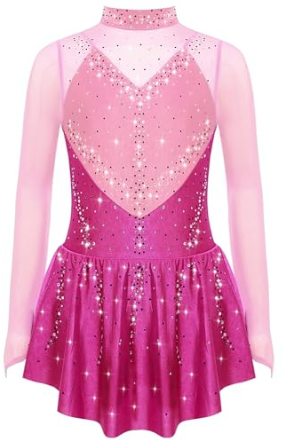 Manyakai Bambina Body Abito Pattinaggio Artistico Danza Ginnastica Body Strass Maniche Lunghe Competizione Spettacolo Rosa acceso 9-10 anni