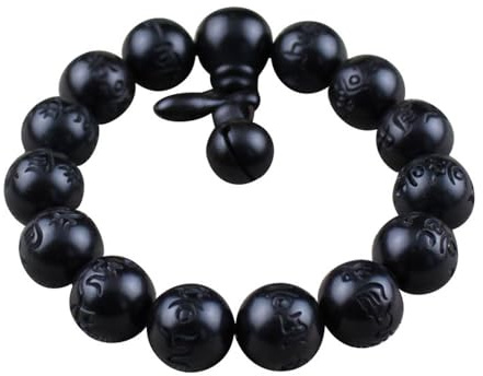 vv8oo Holzperlen-Armband, Blitzschlag, Jujube-Holz, schwarze Perle, graviert mit Sanskrit-Wörtern, Mala-Gebet, Feng Shui, Glück, für Damen und Herren