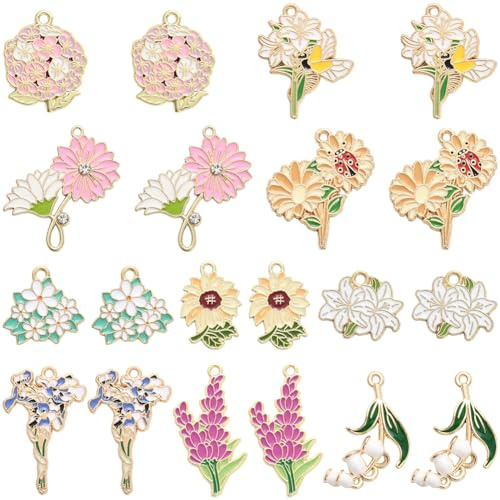 SUNNYCLUE 1 Box 20Pcs 10 Styles Hydrangea Flower Charm Lavender Charms Bulk Alloy Enamel Spring Floral Blossom Lily Sunflower Daisy Pendants for Jewellery Making DIY Necklace Bracelet Earring Supplies