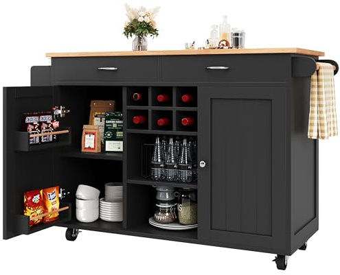 FammyLoft Kücheninsel auf Rollen, Multifunktionaler Kücheninsel mit Speicherraum, Weinregal, Buffetschrank für Küche, Esszimmer, Schwarz