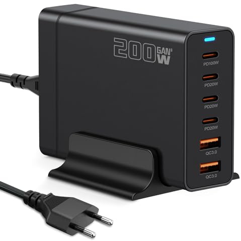 200W USB C Ladegerät Mehrfach, PD 100W GaN III 6 Ports USB C Ladestation Mehrere Geräte mit Kabel, Charging Station for Multiple Devices Kompatibel mit MacBook, iPhone, Samsung, Geschenke für Männer