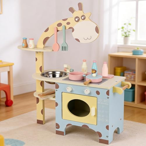 Cocina de Juguete para Niños de Madera con Diseño de Jirafa Infantil Montessori con Fregadero de Acero Perillas con Sonido Clic y 10+Utensilios Cocina Juego Chef 74,5cm
