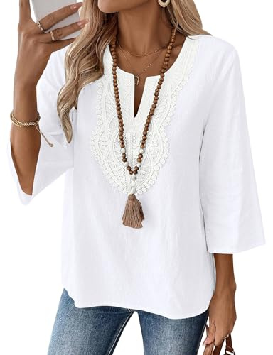 Rapbin Womens Summer Tops 3/4 Sleeve Cotton Linen Casual Loose Fit Blouses V Neck Boho Fashion Clothing Shirts White XXL