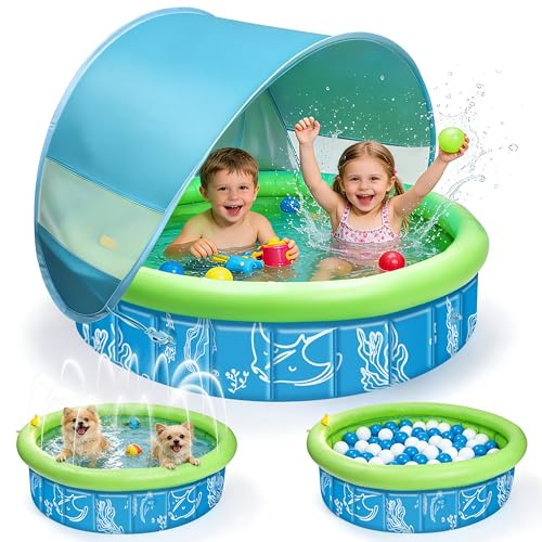 colmanda Piscina para Bebé 4-en-1 Pop Up, 100x30 cm Piscina de Bolas Bebe con Chorros de Agua, Tienda de Playa Bebé con Techo y Mosquitera, Protección UV SPF50+, Portátil para Jardín