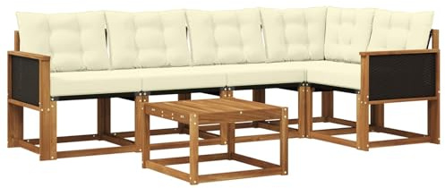 vidaXL Outdoor-Sofagarnitur mit Kissen 6 pcs Natur und Creme, Akazien Outdoor Sofa Set, modische Möbel für Terrasse, wetterfester Couch, entspannende Sitzgruppe im Garten
